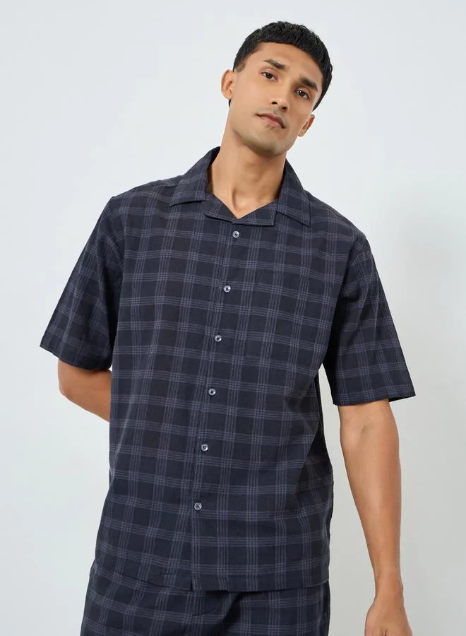 Styli Men Checked Print Buttoned Shirt and Pyjama Set